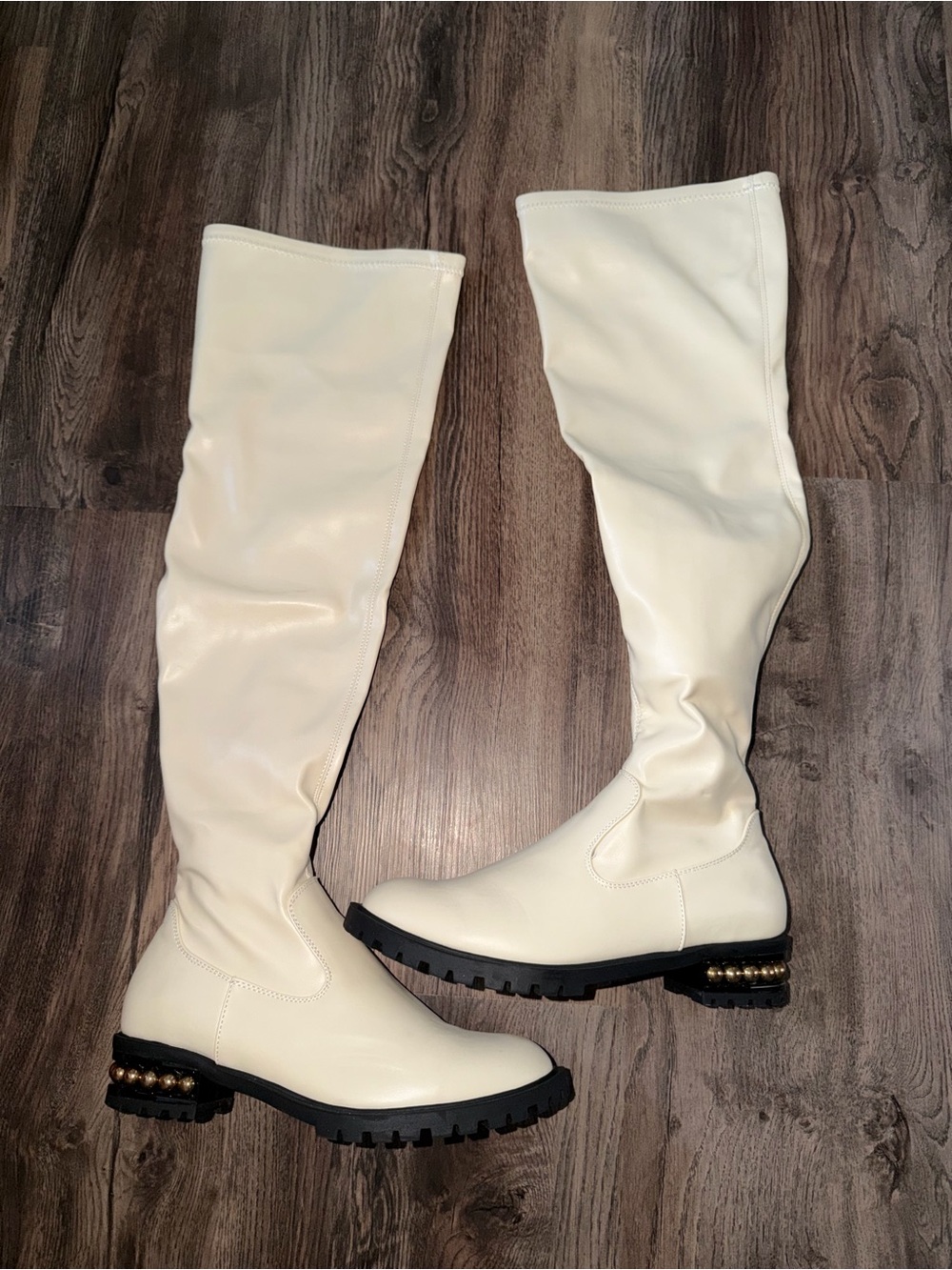 Shoe Dazzle Cream Over-the-Knee Lug Sole Boots with Gold Accented Heel